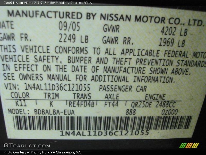 Smoke Metallic / Charcoal/Gray 2006 Nissan Altima 2.5 S