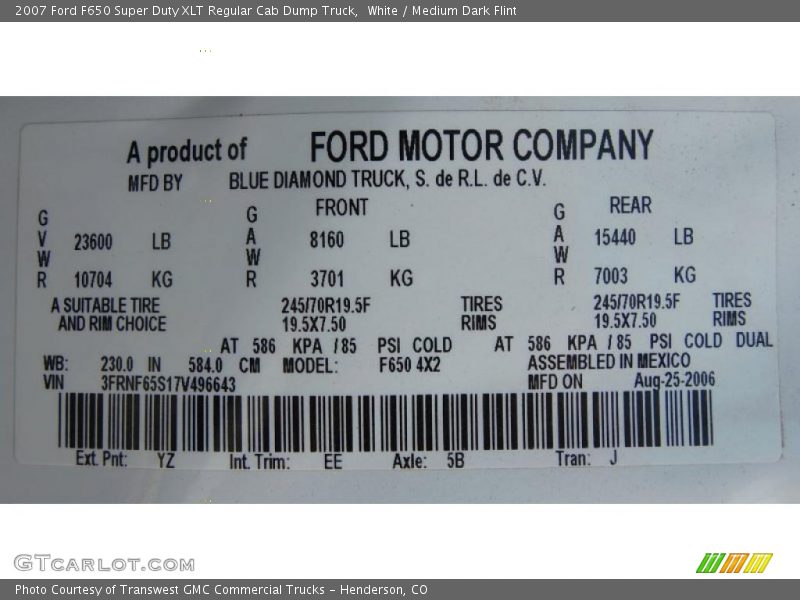 2007 F650 Super Duty XLT Regular Cab Dump Truck White Color Code YZ