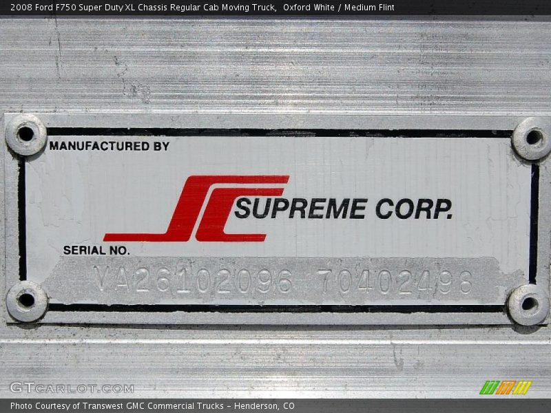 Oxford White / Medium Flint 2008 Ford F750 Super Duty XL Chassis Regular Cab Moving Truck