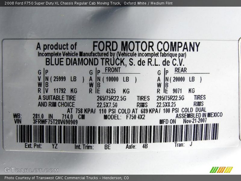 Oxford White / Medium Flint 2008 Ford F750 Super Duty XL Chassis Regular Cab Moving Truck