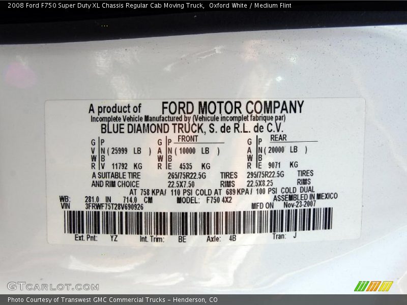 2008 F750 Super Duty XL Chassis Regular Cab Moving Truck Oxford White Color Code YZ