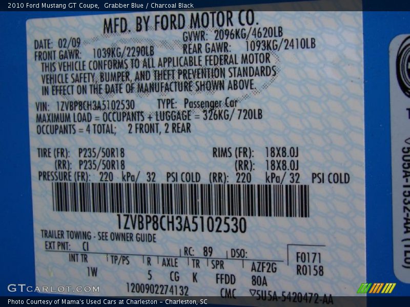 2010 Mustang GT Coupe Grabber Blue Color Code CI