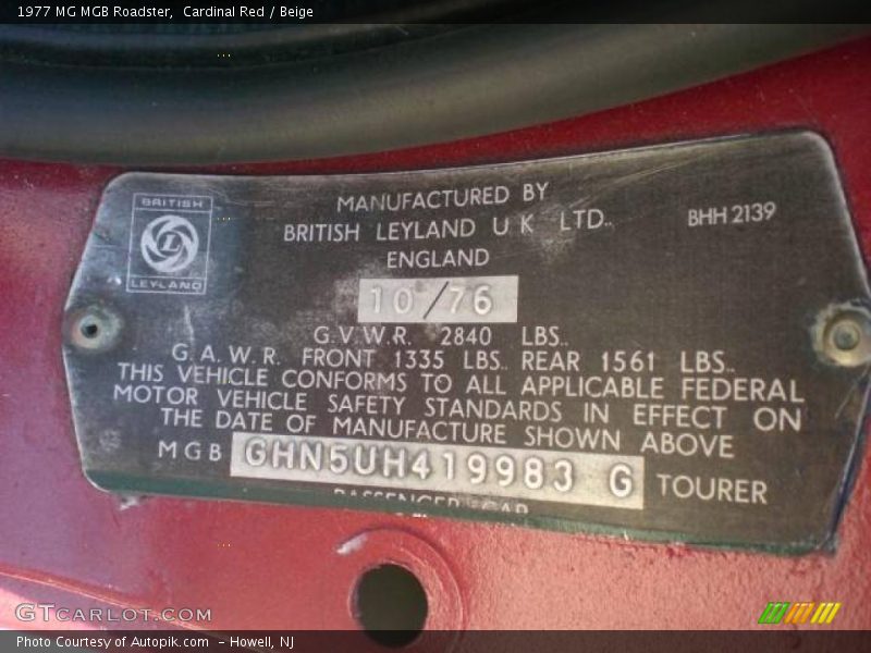 Info Tag of 1977 MGB Roadster