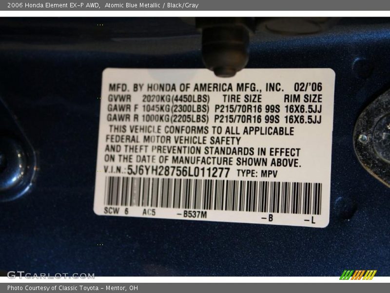 Atomic Blue Metallic / Black/Gray 2006 Honda Element EX-P AWD