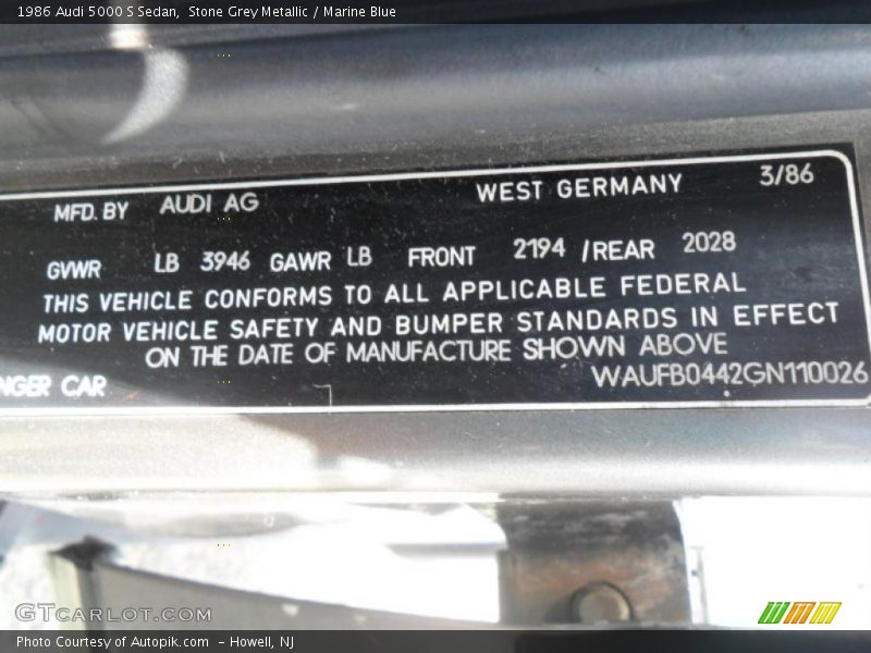 Info Tag of 1986 5000 S Sedan