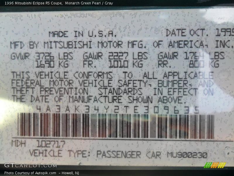 Monarch Green Pearl / Gray 1996 Mitsubishi Eclipse RS Coupe