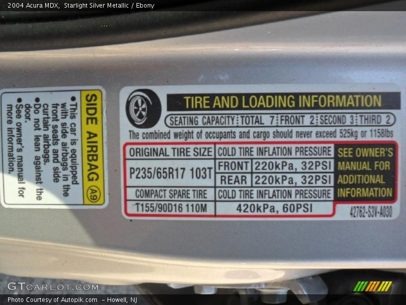 Info Tag of 2004 MDX 