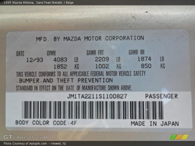 Sand Pearl Metallic / Beige 1995 Mazda Millenia