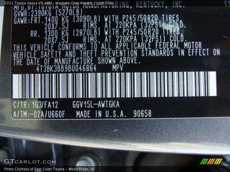 Magnetic Gray Metallic / Light Gray 2011 Toyota Venza V6 AWD