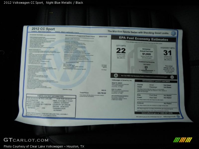 Night Blue Metallic / Black 2012 Volkswagen CC Sport