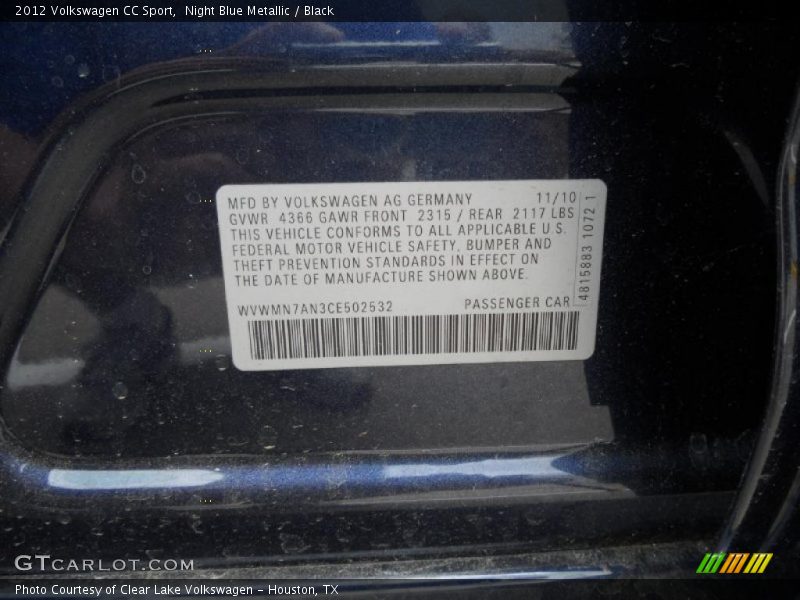 Night Blue Metallic / Black 2012 Volkswagen CC Sport