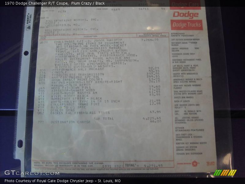  1970 Challenger R/T Coupe Window Sticker