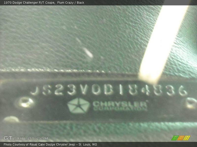 Info Tag of 1970 Challenger R/T Coupe