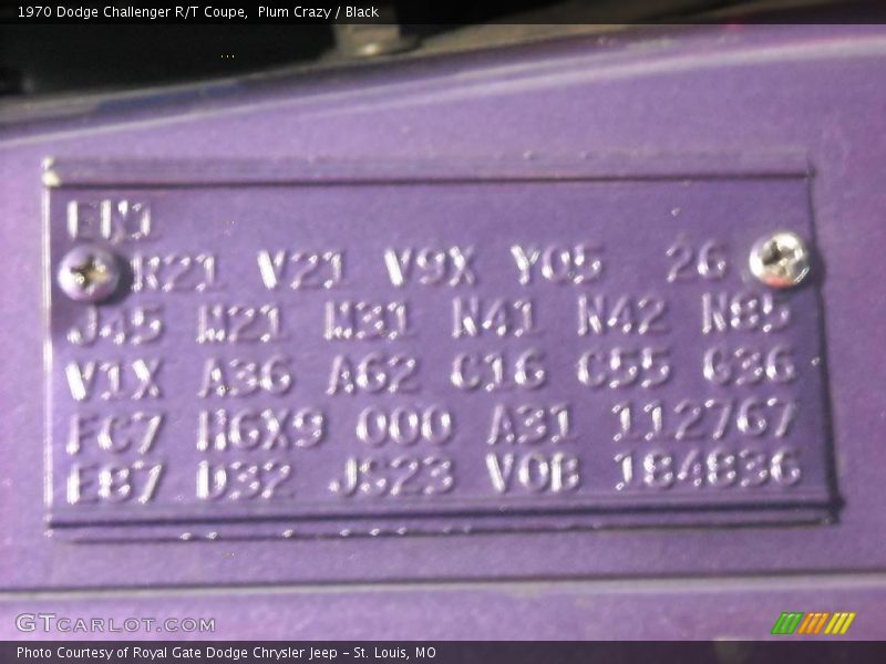 Info Tag of 1970 Challenger R/T Coupe
