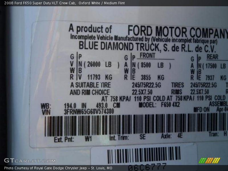 2008 F650 Super Duty XLT Crew Cab Oxford White Color Code W1