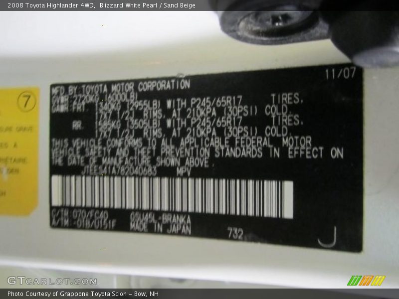 Blizzard White Pearl / Sand Beige 2008 Toyota Highlander 4WD