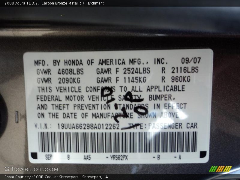 2008 TL 3.2 Carbon Bronze Metallic Color Code YR562PX