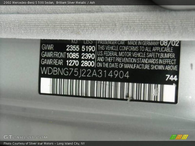 Brilliant Silver Metallic / Ash 2002 Mercedes-Benz S 500 Sedan