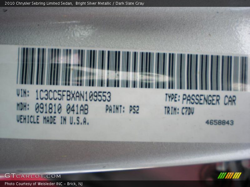Bright Silver Metallic / Dark Slate Gray 2010 Chrysler Sebring Limited Sedan