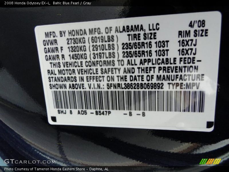 Baltic Blue Pearl / Gray 2008 Honda Odyssey EX-L