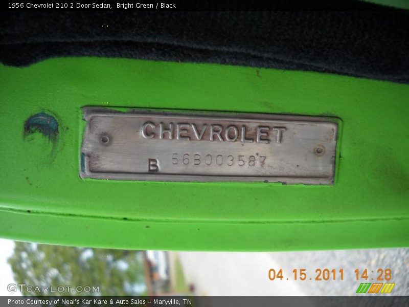 Info Tag of 1956 210 2 Door Sedan