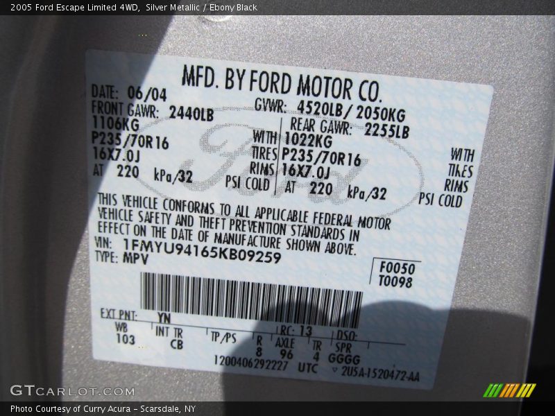 Silver Metallic / Ebony Black 2005 Ford Escape Limited 4WD
