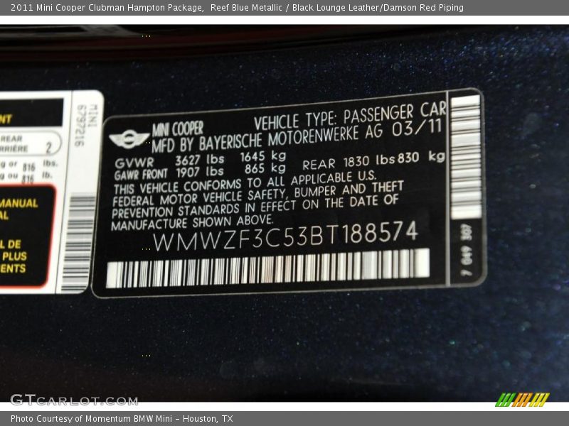 Info Tag of 2011 Cooper Clubman Hampton Package