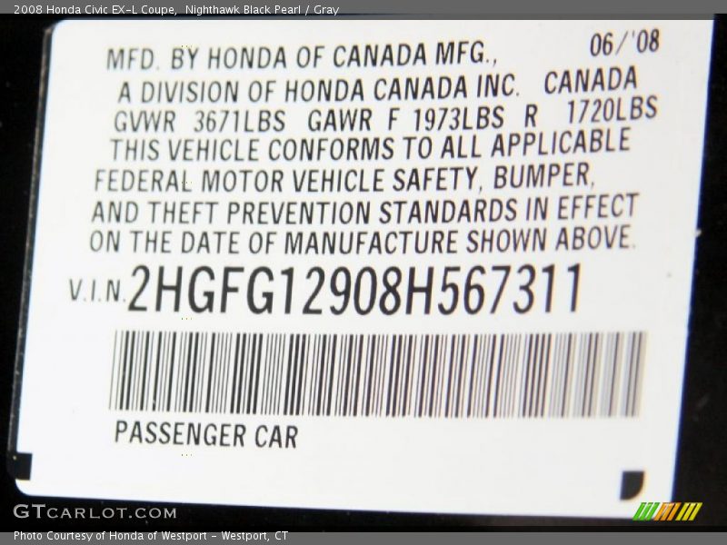 Nighthawk Black Pearl / Gray 2008 Honda Civic EX-L Coupe