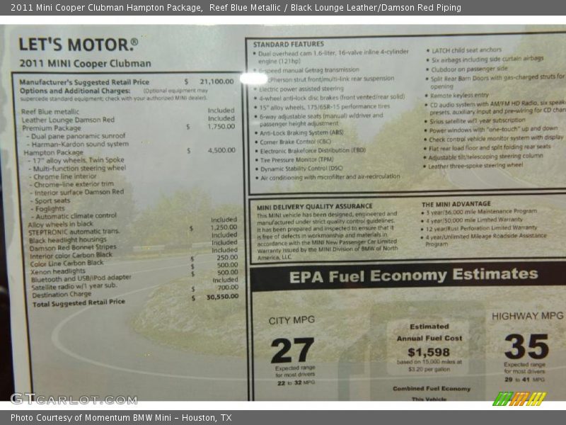  2011 Cooper Clubman Hampton Package Window Sticker