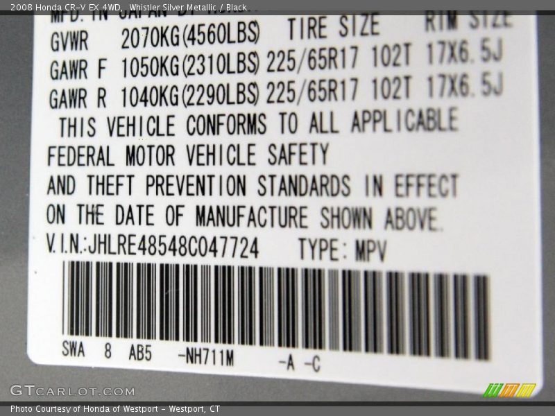Whistler Silver Metallic / Black 2008 Honda CR-V EX 4WD