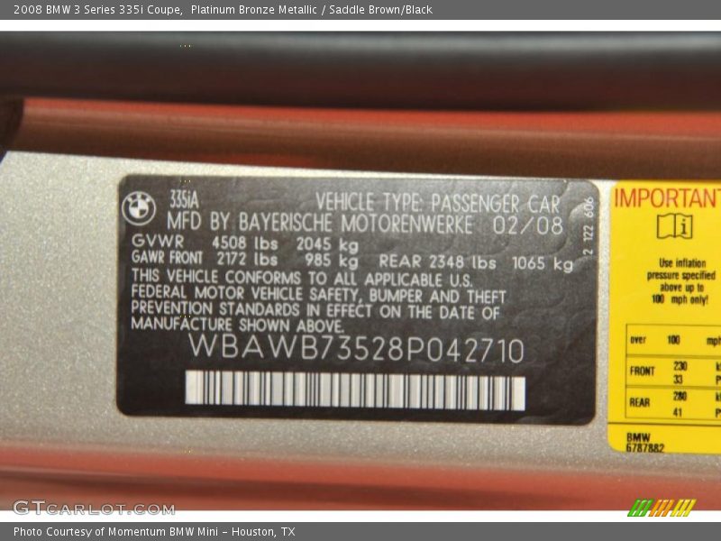 Platinum Bronze Metallic / Saddle Brown/Black 2008 BMW 3 Series 335i Coupe