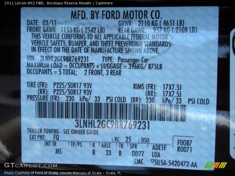 Bordeaux Reserve Metallic / Cashmere 2011 Lincoln MKZ FWD