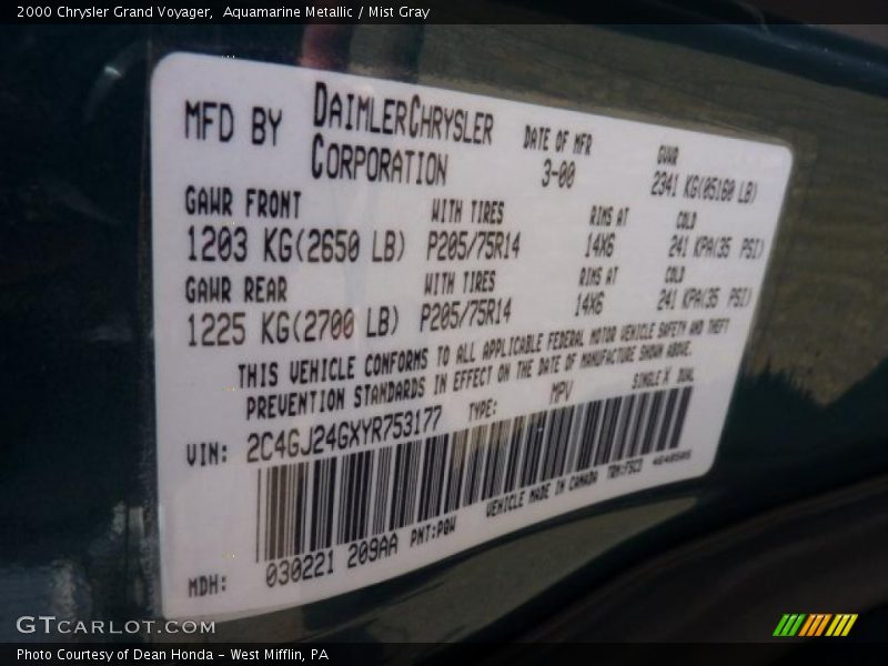 2000 Grand Voyager  Aquamarine Metallic Color Code PQW