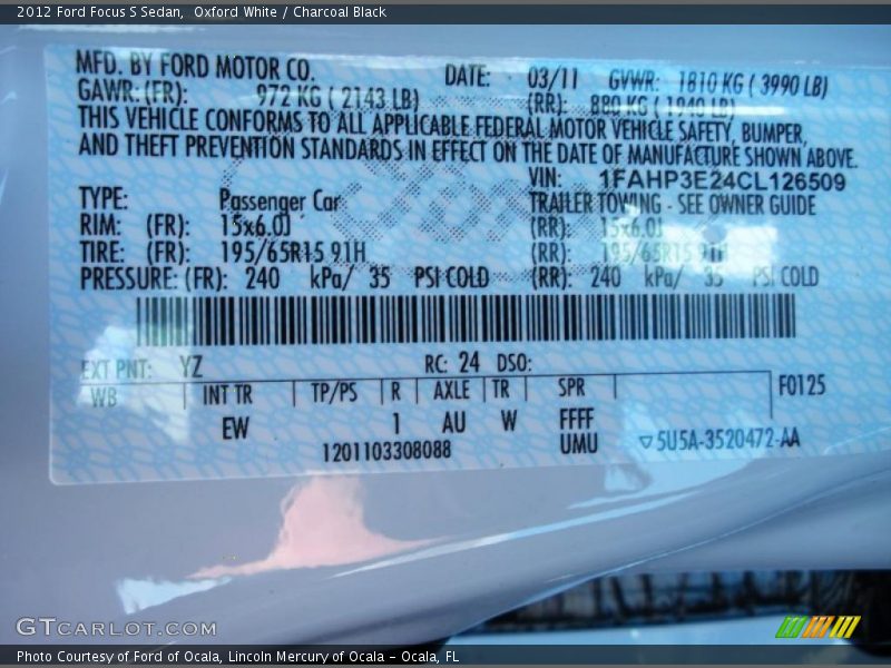 2012 Focus S Sedan Oxford White Color Code YZ