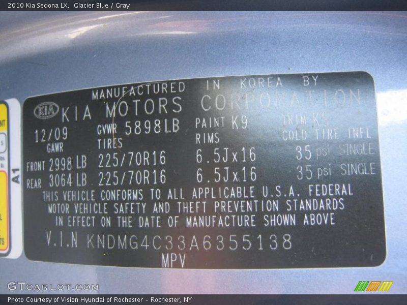 Glacier Blue / Gray 2010 Kia Sedona LX