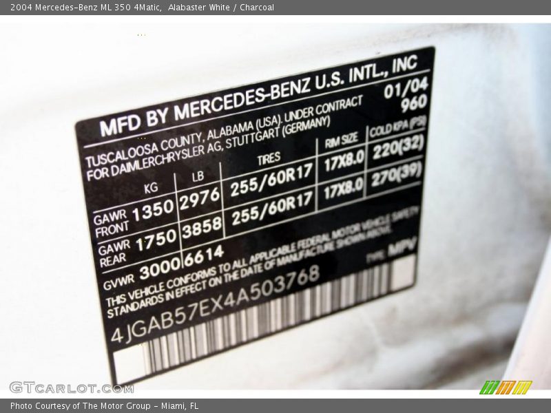 Alabaster White / Charcoal 2004 Mercedes-Benz ML 350 4Matic