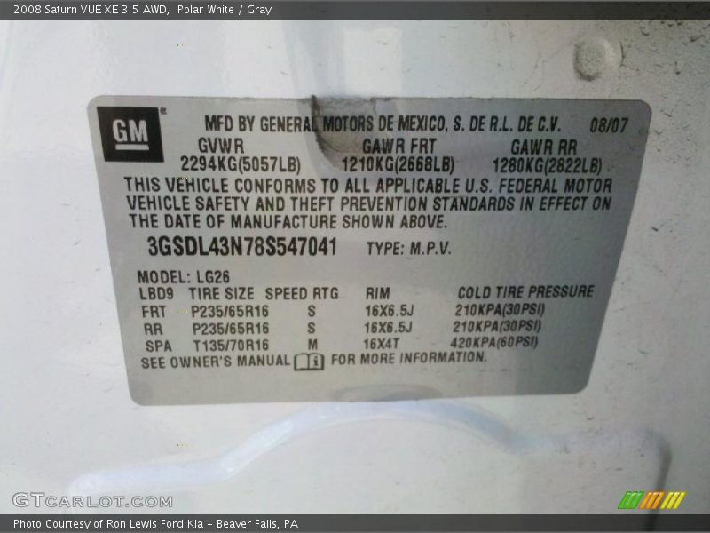 Polar White / Gray 2008 Saturn VUE XE 3.5 AWD
