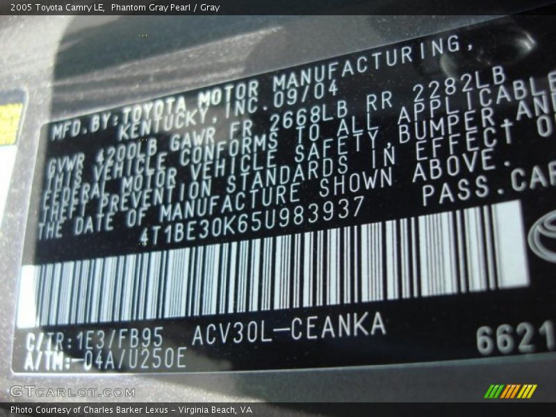 Phantom Gray Pearl / Gray 2005 Toyota Camry LE