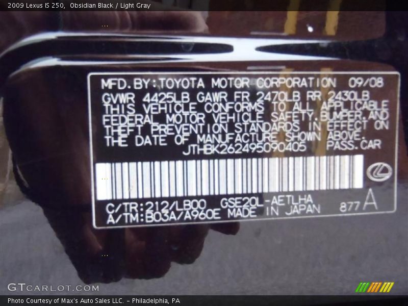Obsidian Black / Light Gray 2009 Lexus IS 250