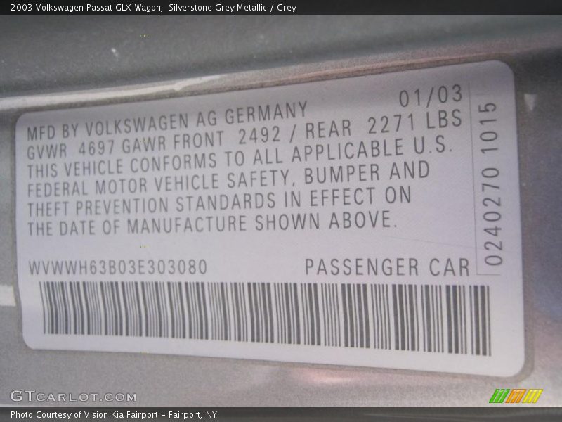 Silverstone Grey Metallic / Grey 2003 Volkswagen Passat GLX Wagon