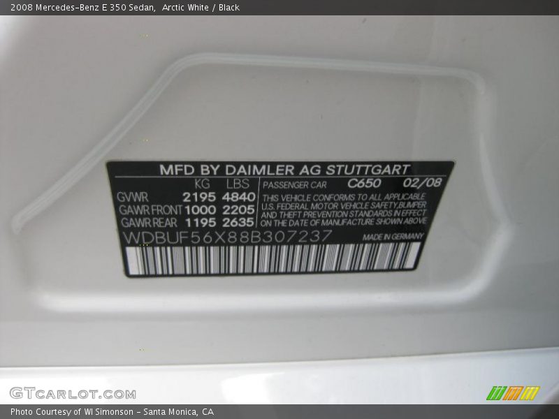 Arctic White / Black 2008 Mercedes-Benz E 350 Sedan