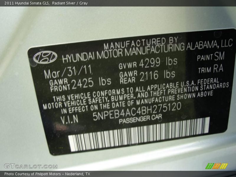 Radiant Silver / Gray 2011 Hyundai Sonata GLS