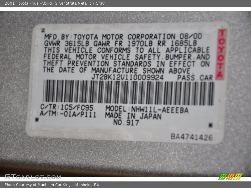 2001 Prius Hybrid Silver Strata Metallic Color Code 1C5