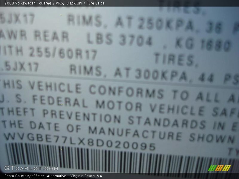 Black Uni / Pure Beige 2008 Volkswagen Touareg 2 VR6