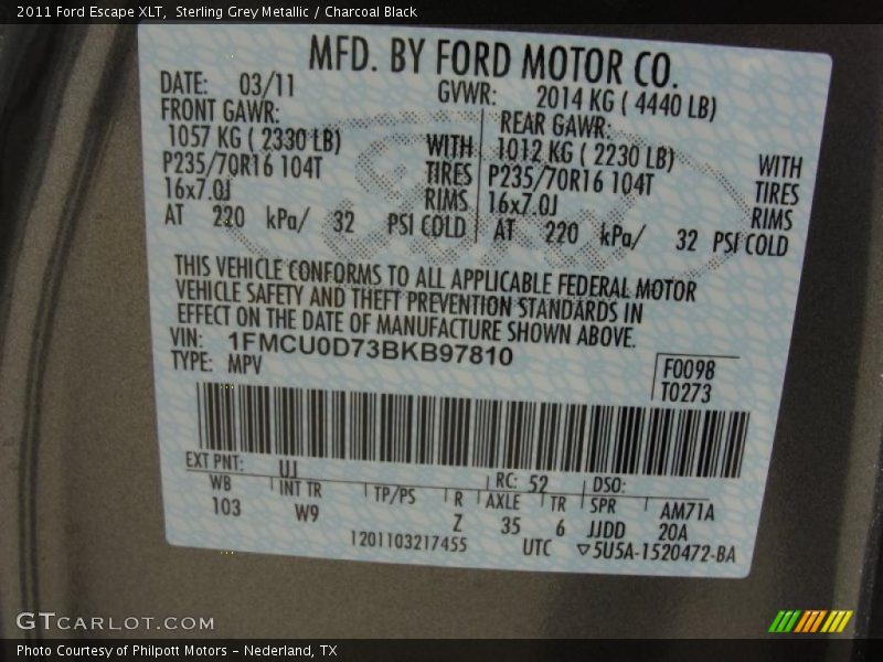 Sterling Grey Metallic / Charcoal Black 2011 Ford Escape XLT