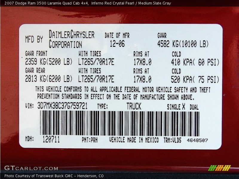 2007 Ram 3500 Laramie Quad Cab 4x4 Inferno Red Crystal Pearl Color Code PRH