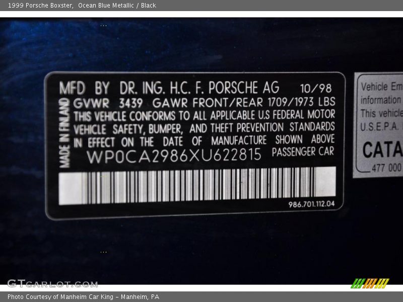 Ocean Blue Metallic / Black 1999 Porsche Boxster
