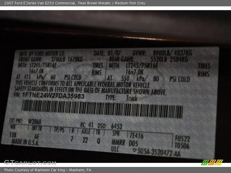 2007 E Series Van E250 Commercial Fleet Brown Metallic Color Code W3860