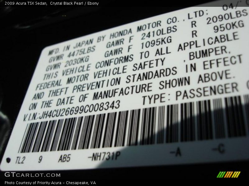 Crystal Black Pearl / Ebony 2009 Acura TSX Sedan