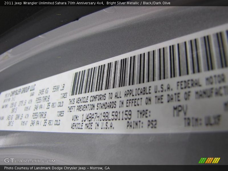 2011 Wrangler Unlimited Sahara 70th Anniversary 4x4 Bright Silver Metallic Color Code PS2